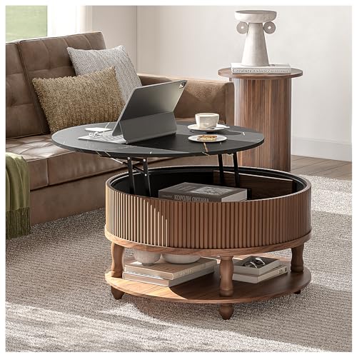 SULIVES Round Coffee Table with Lifting Top,Mid Century Modern Coffee Table with Storage,Wood Circle Coffee Table for Living Room,31.5" 2-Tier Center Table (Walnut & Black)