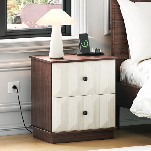 SULIVES Modern Farmhouse Nightstand with Charging Station, Bed Side Table with 2 Drawers, End Tables Living Room, 19“ Large Nightstand Wood for Bedroom