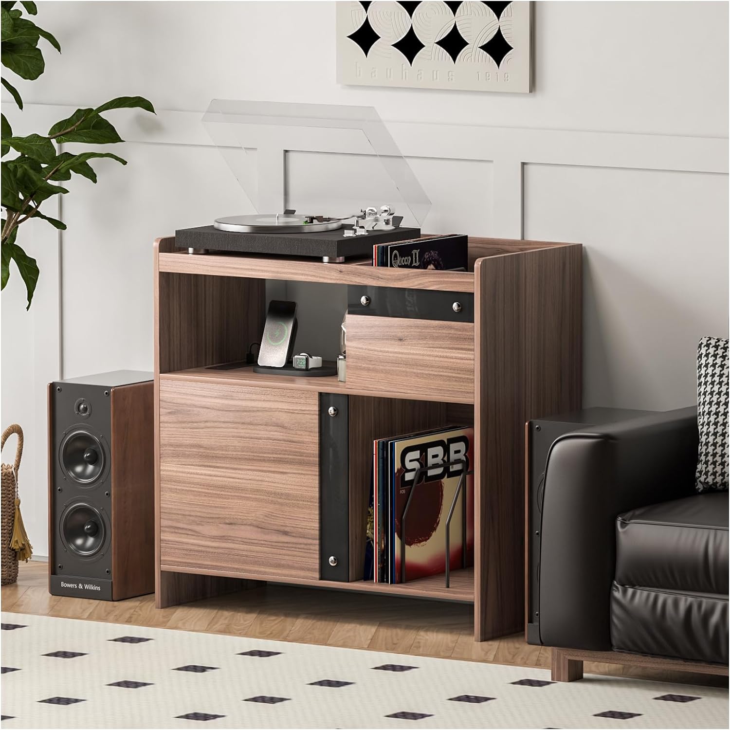 SULIVES Record Player Stand with Vinyl Storage and Charging Station,Mid Century Modern Media Cabinet,Stereo Cabinet Holds Up to 300 Albums,Turntable Stand with Adjustable Shelf(Walnut & Black, Large)