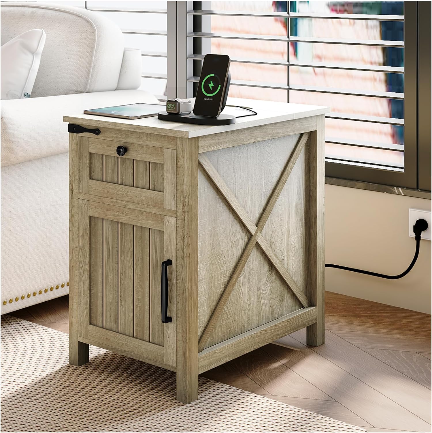 SULIVES Nightstand with Charging Station,Industrial/Farmhouse End Table with Drawers & Cabinet,Side Table with Door and Storage Shelf,Side Tables for Living Room,Bedroom,Office (Light Rustic Oak)