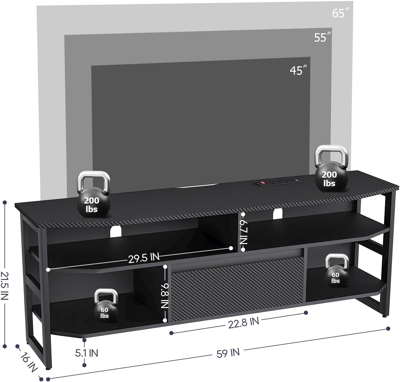 SULIVES TV Stand for 65 Inch TV,Gaming Entertainment Center for PS5 with Power Outlet,LED TV Stand with Glass Shelves for Living Room,Bedroom(66'',Carbon Fiber) (Black+Carbon Fiber)