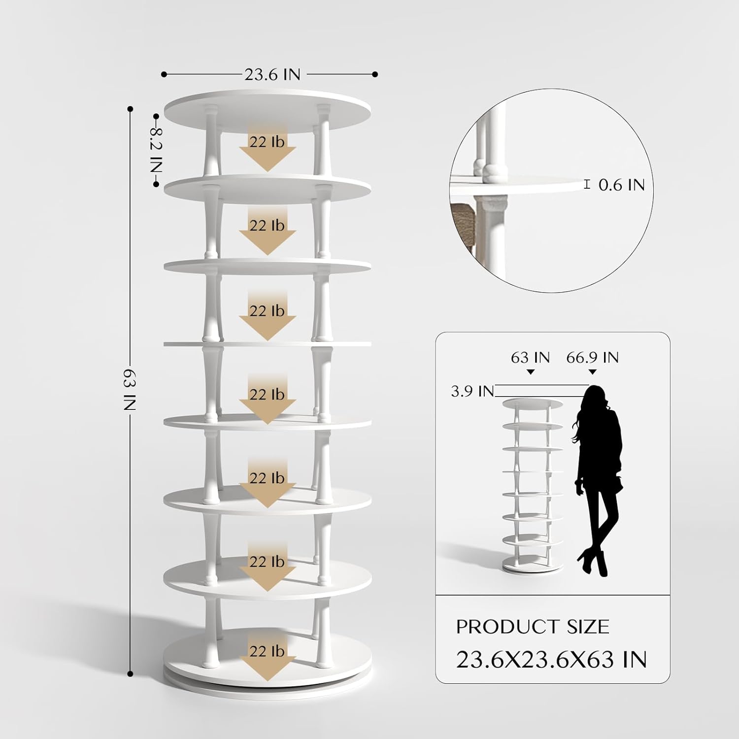 SULIVES Rotating Shoe Rack,360°Spinning Shoe Rack Tower,7 Storage Layers,Maximize Storage Space,Morden Style,for Entryways,Hallways and Living Rooms（White）