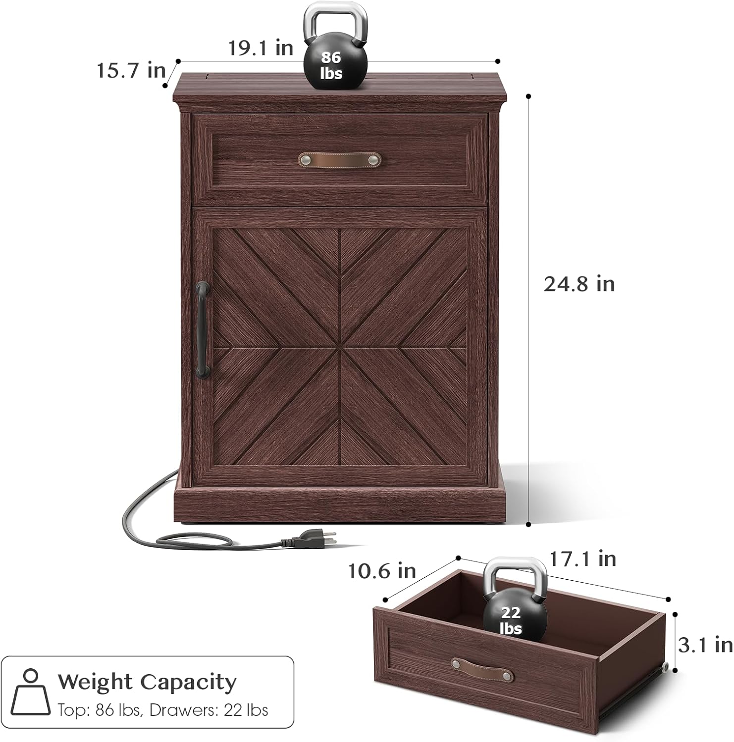 SULIVES Farmhouse End Tables Living Room with Charging Station and Nightstand with Drawer, Vintage Bedside Table for Bedroom, Walnut