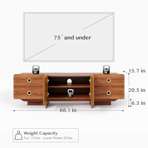 SULIVES TV Stand for 75+ Inch TV,Mid Century Modern TV Stand with 4 Drawers,Entertainment Center with Storage Cabinet,Large Boho Media TV Console,66 inch Long Television Stand for Living Room,Cherry