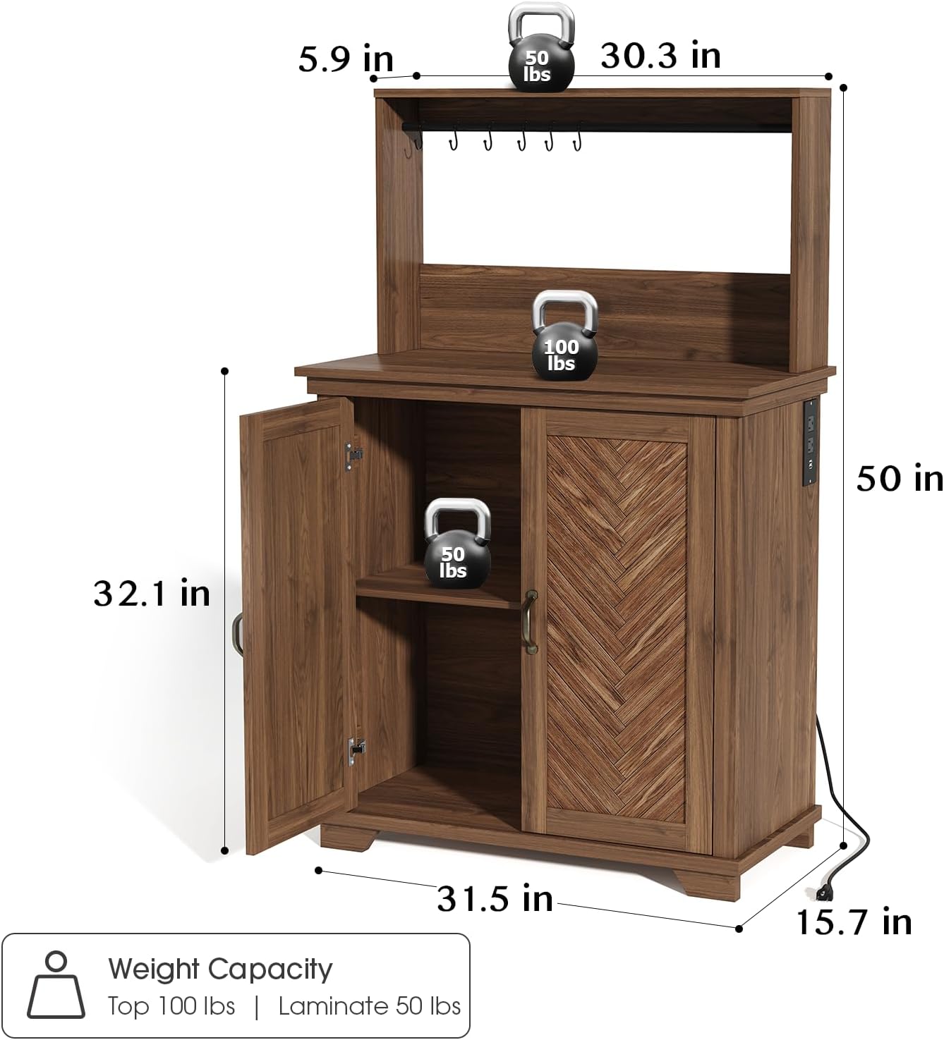 SULIVES Farmhouse Coffee Bar Cabinet with Storage, Kitchen Cabinet with Hutch & Charging Station, 50 Inch Coffee Station with 6 Hooks & Adjustable Shelf, Walnut Buffet Cabinet for Living Dining Room