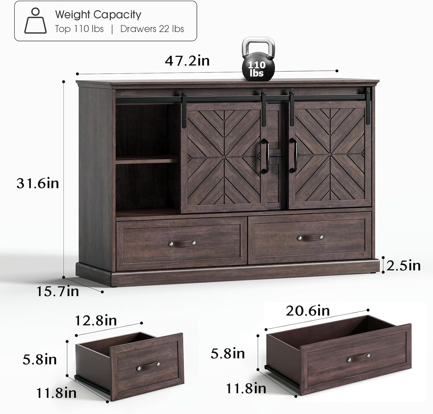 SULIVES Farmhouse Dressers for Bedroom,Chest of Drawers with Storage,4 Drawers Dresser with Sliding Barn Door&Shelf,Wood Rustic Dresser Organizer for Bedroom,Living Room,Entryway,Walnut