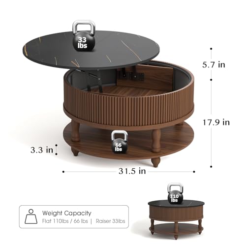 SULIVES Round Coffee Table with Lifting Top,Mid Century Modern Coffee Table with Storage,Wood Circle Coffee Table for Living Room,31.5" 2-Tier Center Table (Walnut & Black)