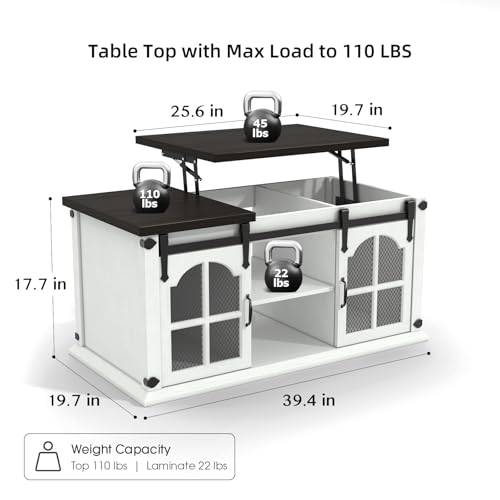 SULIVES Lift Top Coffee Table with Storage, Farmhouse Table with Sliding Barn Door, Rustic Wood Center Table with Shelves for Living Room/Office