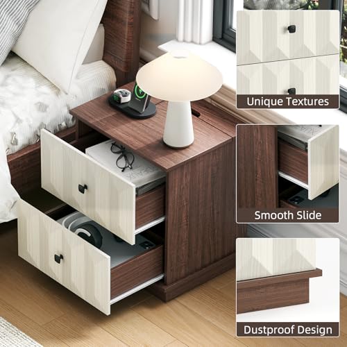 SULIVES Modern Farmhouse Nightstand with Charging Station, Bed Side Table with 2 Drawers, End Tables Living Room, 19“ Large Nightstand Wood for Bedroom