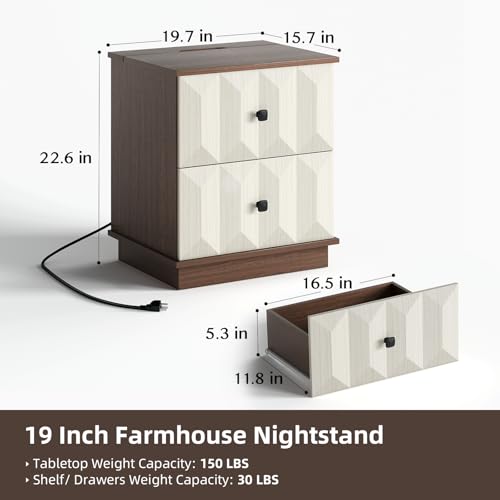 SULIVES Modern Farmhouse Nightstand with Charging Station, Bed Side Table with 2 Drawers, End Tables Living Room, 19“ Large Nightstand Wood for Bedroom