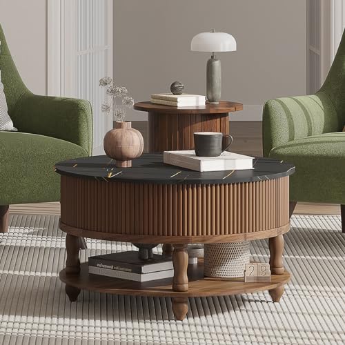 SULIVES Round Coffee Table with Lifting Top,Mid Century Modern Coffee Table with Storage,Wood Circle Coffee Table for Living Room,31.5" 2-Tier Center Table (Walnut & Black)