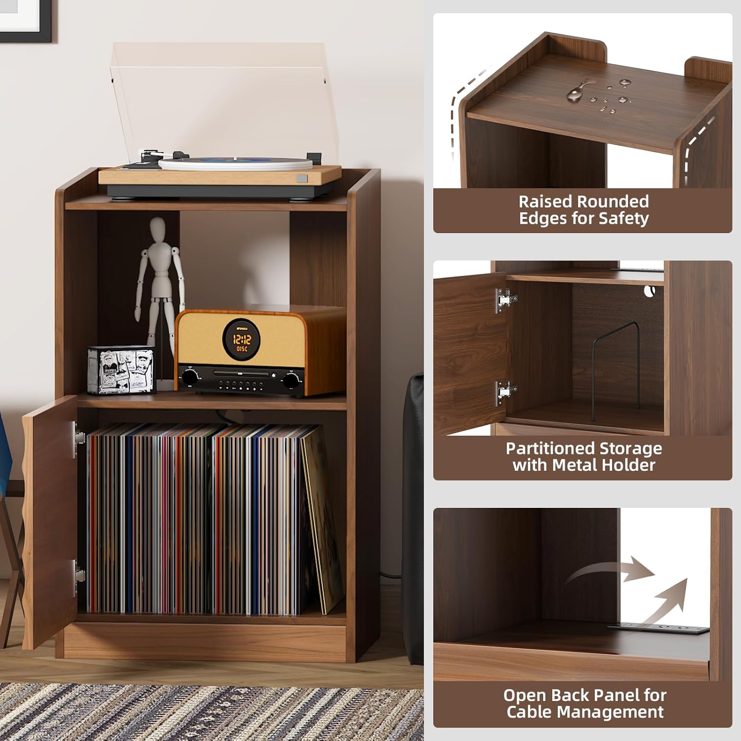 SULIVES Record Player Stand with Vinyl Storage and Charging Station,Mid Century Modern Record Player Cabinet,Holds Up to 300 Albums,Turntable Stand with Adjustable Shelf (Walnut, Medium)