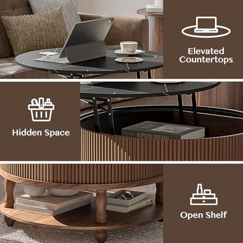 SULIVES Round Coffee Table with Lifting Top,Mid Century Modern Coffee Table with Storage,Wood Circle Coffee Table for Living Room,31.5" 2-Tier Center Table (Walnut & Black)