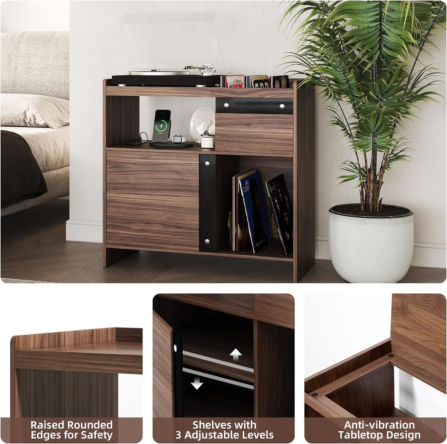 SULIVES Record Player Stand with Vinyl Storage and Charging Station,Mid Century Modern Media Cabinet,Stereo Cabinet Holds Up to 300 Albums,Turntable Stand with Adjustable Shelf(Walnut & Black, Large)