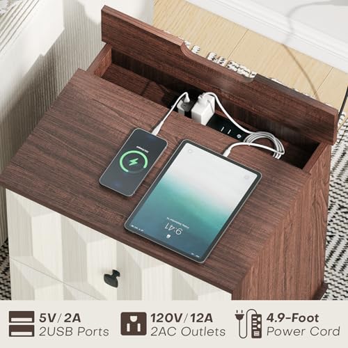 SULIVES Modern Farmhouse Nightstand with Charging Station, Bed Side Table with 2 Drawers, End Tables Living Room, 19“ Large Nightstand Wood for Bedroom