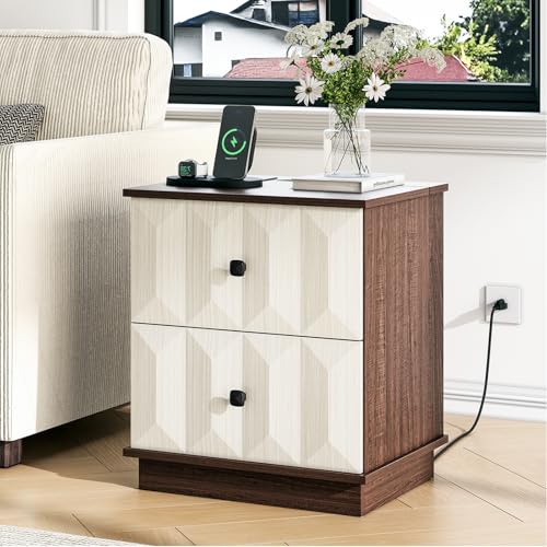 SULIVES Modern Farmhouse Nightstand with Charging Station, Bed Side Table with 2 Drawers, End Tables Living Room, 19“ Large Nightstand Wood for Bedroom