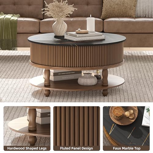 SULIVES Round Coffee Table with Lifting Top,Mid Century Modern Coffee Table with Storage,Wood Circle Coffee Table for Living Room,31.5" 2-Tier Center Table (Walnut & Black)