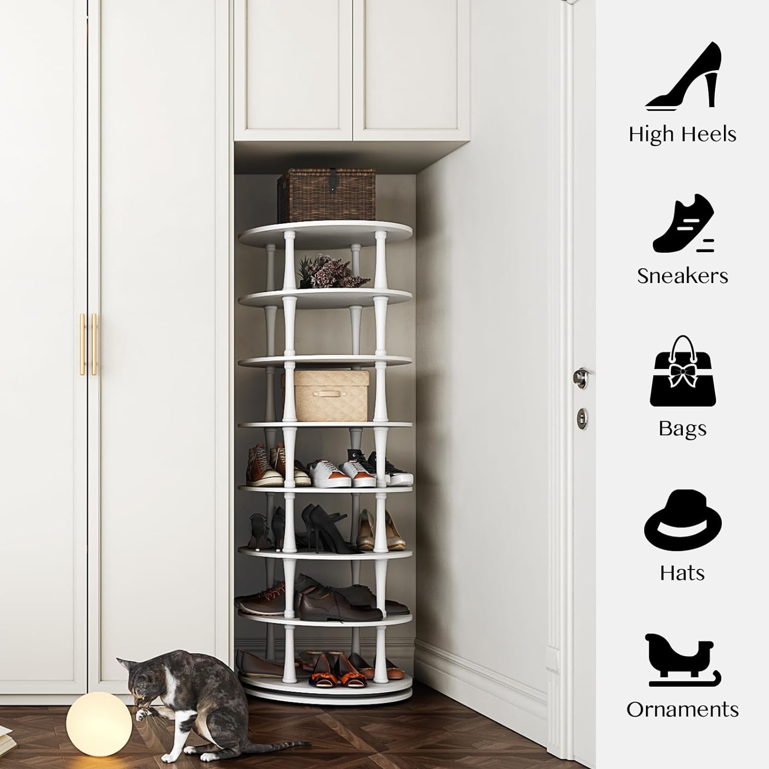 SULIVES Rotating Shoe Rack,360°Spinning Shoe Rack Tower,7 Storage Layers,Maximize Storage Space,Morden Style,for Entryways,Hallways and Living Rooms（White）