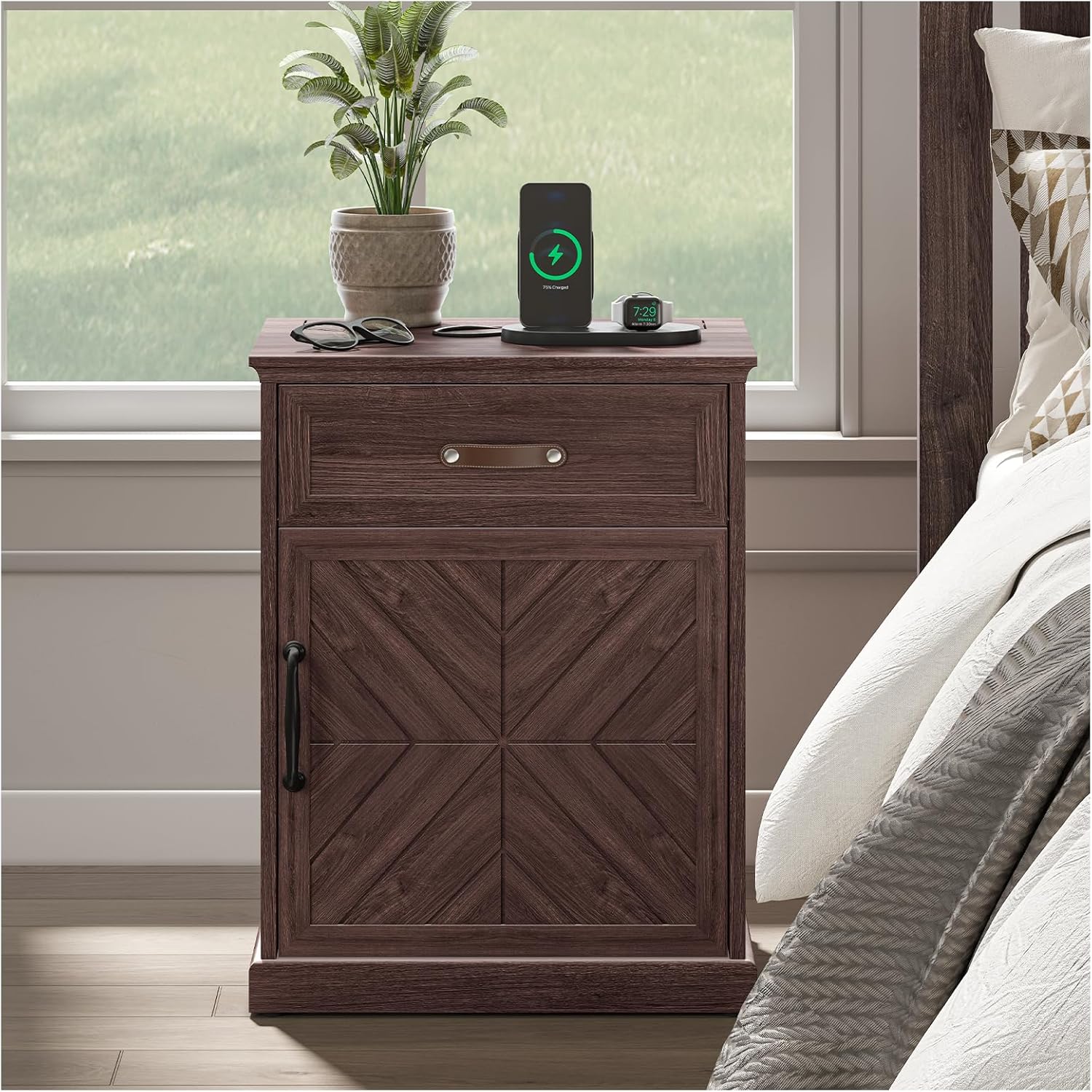 SULIVES Farmhouse End Tables Living Room with Charging Station and Nightstand with Drawer, Vintage Bedside Table for Bedroom, Walnut