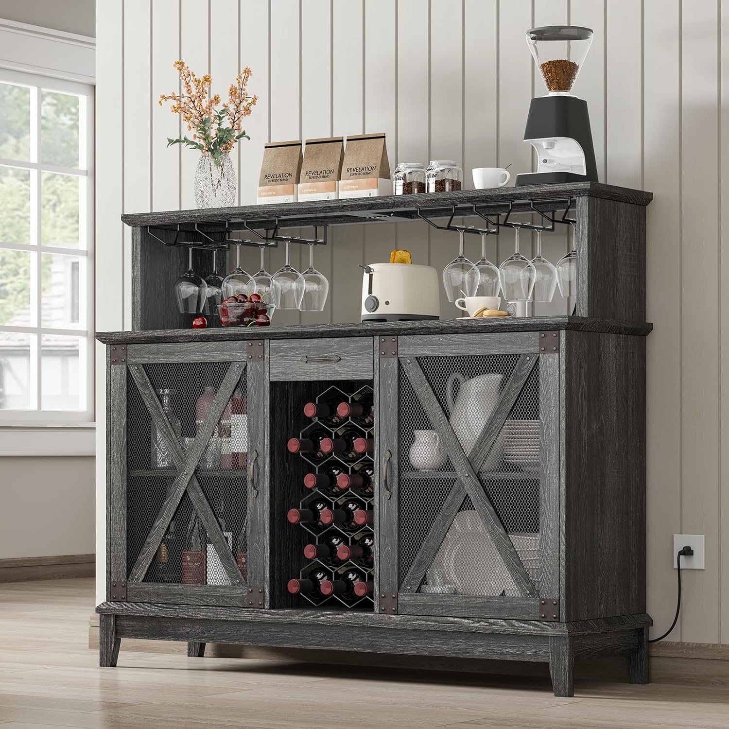 SULIVES Farmhouse Wine Bar Cabinet with LED Lights, Wine Rack & Glass Holder, Liquor Storage, Industrial Sideboard Buffet for Dining Room, Grey