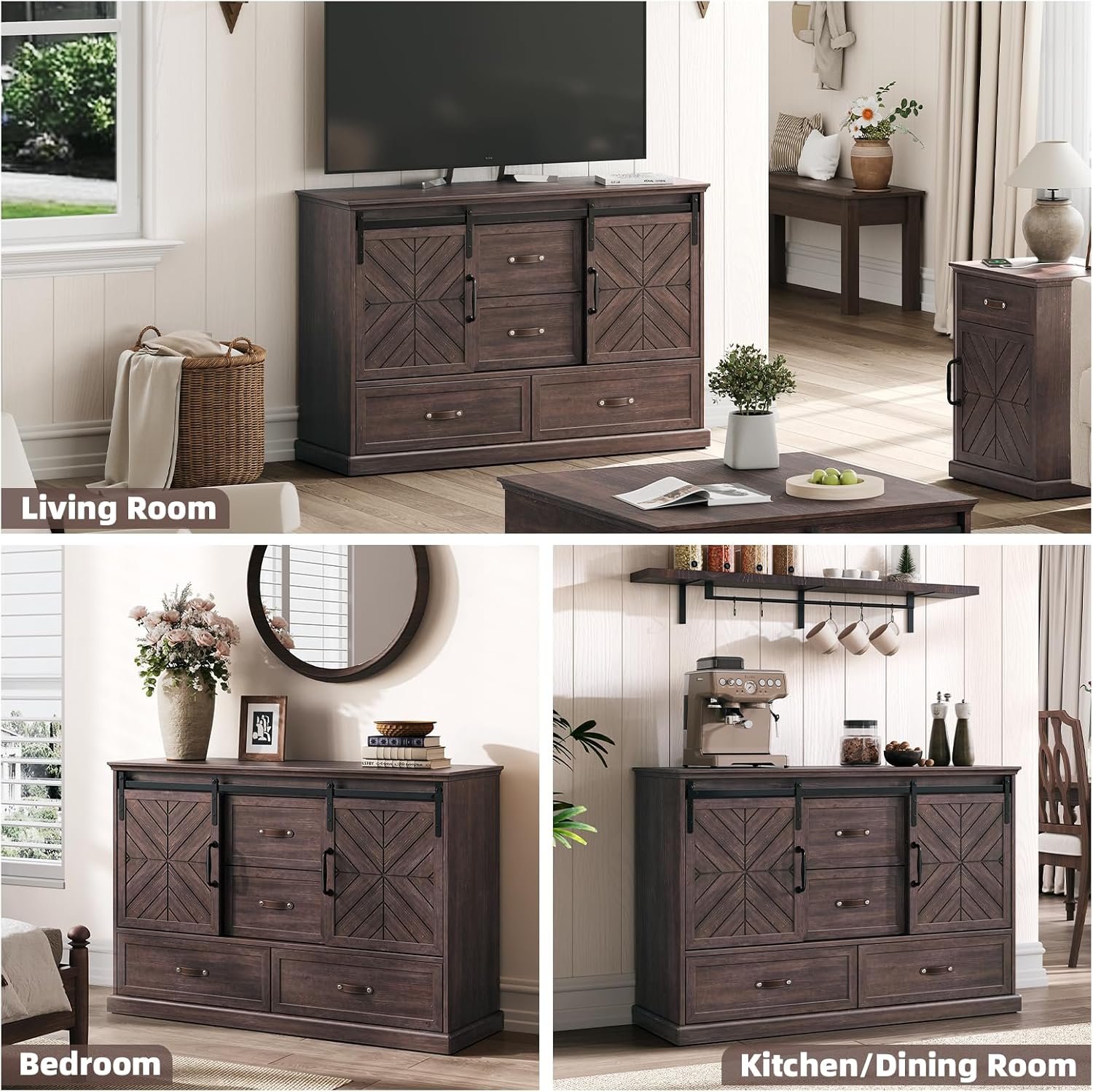 SULIVES Farmhouse Dressers for Bedroom,Chest of Drawers with Storage,4 Drawers Dresser with Sliding Barn Door&Shelf,Wood Rustic Dresser Organizer for Bedroom,Living Room,Entryway,Walnut