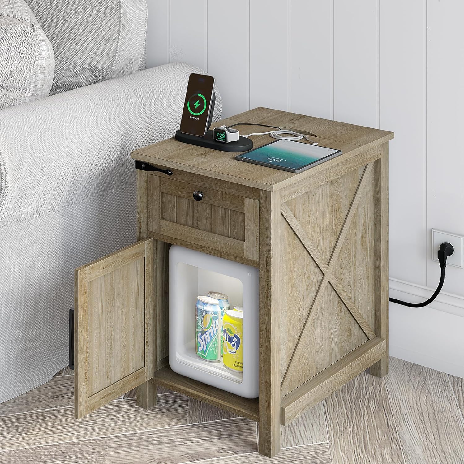 SULIVES Nightstand with Charging Station,Industrial/Farmhouse End Table with Drawers & Cabinet,Side Table with Door and Storage Shelf,Side Tables for Living Room,Bedroom,Office (Light Rustic Oak)