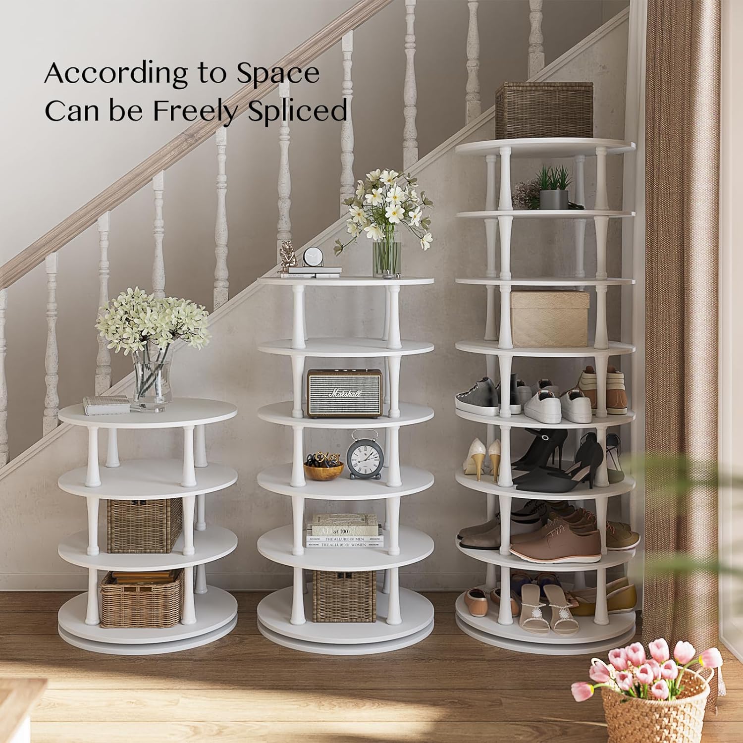 SULIVES Rotating Shoe Rack,360°Spinning Shoe Rack Tower,7 Storage Layers,Maximize Storage Space,Morden Style,for Entryways,Hallways and Living Rooms（White）